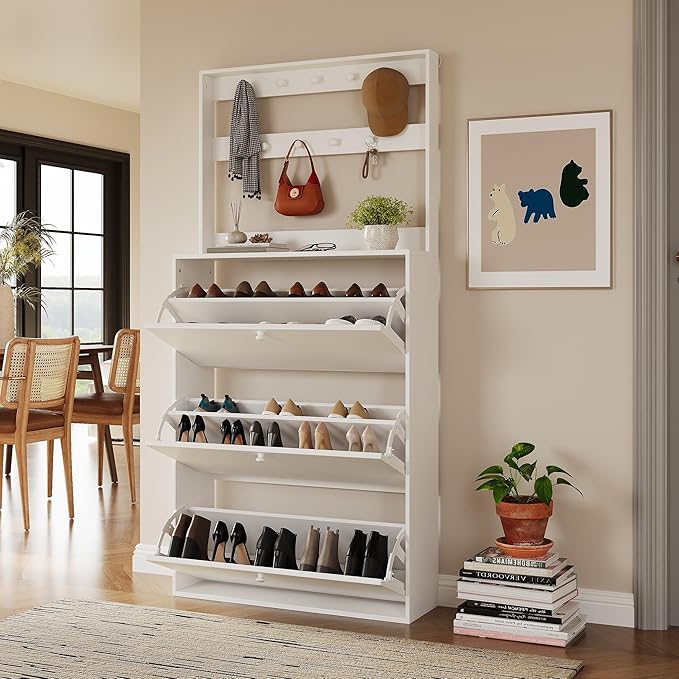 HOPUBUY Tall Shoe Cabinet with 3 Flip Drawers, Farmhouse Hidden Shoe Storage Cabinet with Rack, Slim Narrow Freestanding Shoe Storage Organizer for Entryway, Hallway & Living Room, White
