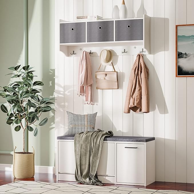 Mondeer Coat Rack with Shelf, Storage Unit Wall Mounted with 3 Baskets 5 Hooks Wooden Modern Style for Hallway Entryway Living Room, 38.5'' x 15.8'' x 8.7'', White