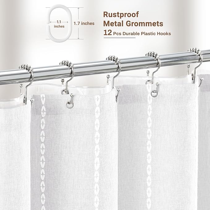 BTTN 3 in 1 Shower Curtain with Liner, White Boho Linen Striped Cloth Tassel Shower Curtain Set with Plastic Hook, Farmhouse Bohemian Country Waterproof Fabric Shower Curtain for Bathroom, 72x72