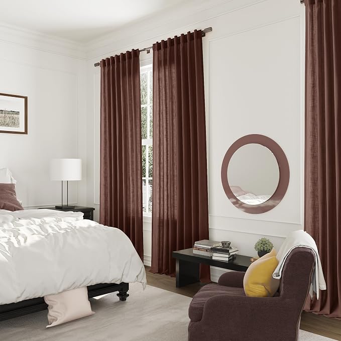 Joywell Rustic Brown Linen Curtains 96 Inches Length Light Filtering Neutral Farmhouse Boho Rod Pocket Back Tab Hook Belt Clip Rings Semi Sheer Window Drapes for Bedroom Living Room 2 Panels 52x96