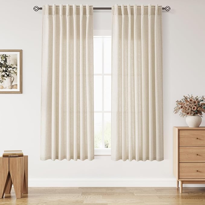 Nanspring Living Room Curtains 63 Inch Length Linen Cream Beige Luxury Light Filtering Semi Sheer Curtain Back Tab Modern Farmhouse Decor Elegant Coastal Drapes for Bedroom Office 52x63, 2 Panels