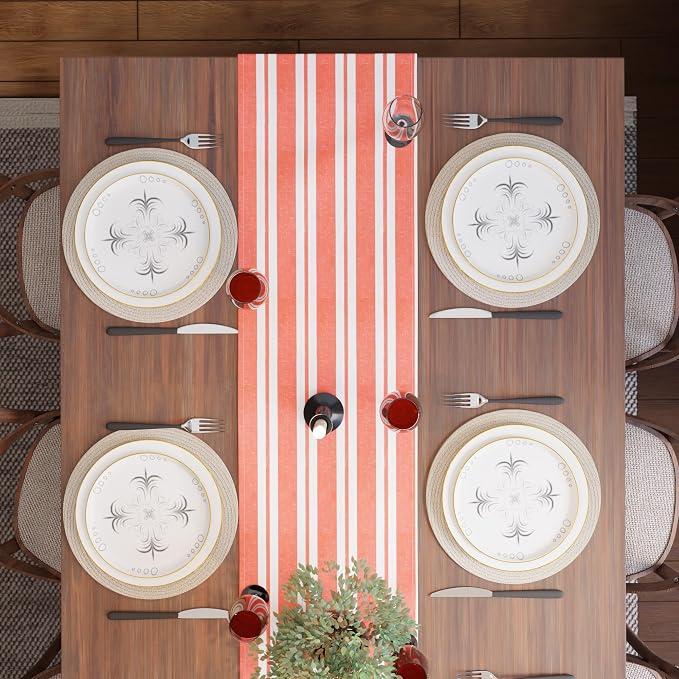 Encasa XO Cotton Dining Table Runner | Franca Orange Stripes | Size 13x120 in - Machine Washable & Durable