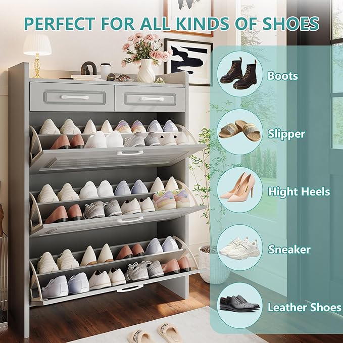 Shoe Cabinet with 3 Large Flip Drawers and 2 Storage Drawers, Narrow Shoe Organizer Cabinet Fits for Kinds of Shoes, Hidden Shoe Storage Cabinet for Entryway, Hallway, Light Grey