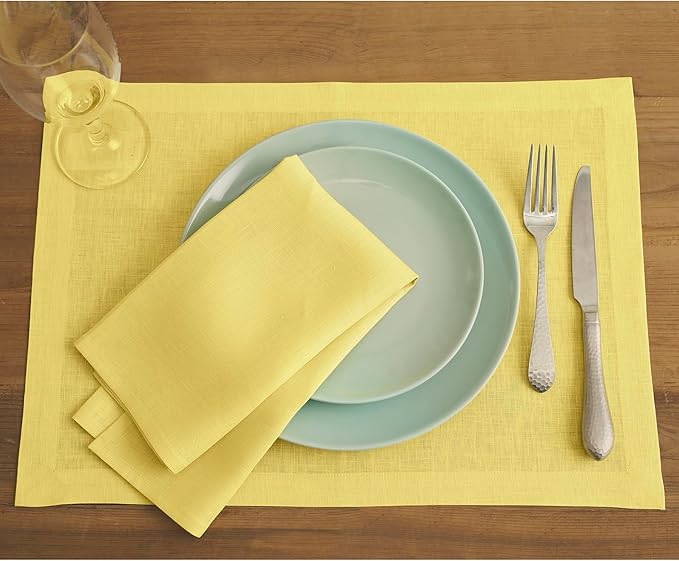 Solino Home Linen Cloth Napkins Set of 4-100% Pure Linen Sunshine Yellow Dinner Napkins 20 x 20 Inch for Spring, Summer, Mothers Day - Fete, Handcrafted and Machine Washable