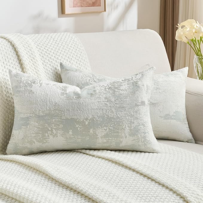 FUTEI Pack of 2 Faux Cashmere Jacquard Throw Pillow Covers 12x20 Inch Soft Marble Pattern Vintage Decorative Pillowcase Modern Farmhouse Accent for Couch Bed Living Room, Light Blue White