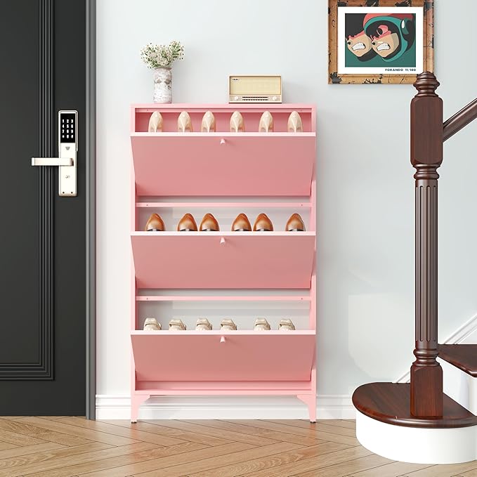 Shoe Cabinet with 3 Flip Drawers, Narrow Slim Hidden Shoe Storage Organizer Cabinet, 47.24'' Tall Shoes Rack Organizer Cabinet for Entryway, Hallway, Front Door, Pink