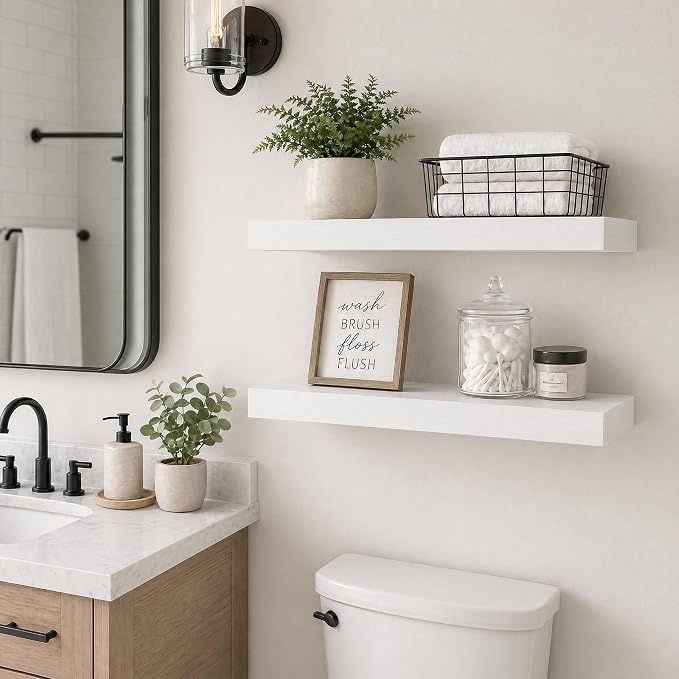 White Floating Shelves for Wall, 9.3" Deep Wall Mounted Wood Shelves for Bathroom, Bedroom, Living Room, Kitchen, Hanging Shelf for Books/Storage/Room Decor (White, 24")
