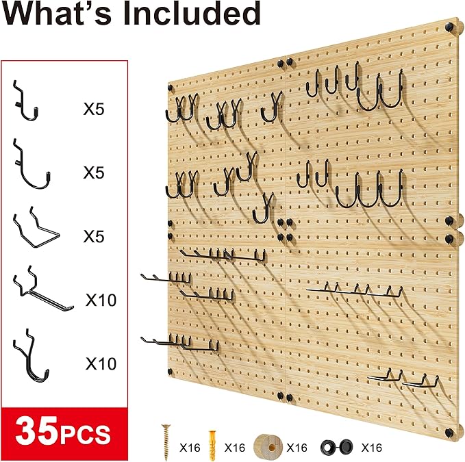 VOIMO Bamboo Peg Board, Eco-Friendly Pegboard Organizer Set with 35 Hooks – Wall Mounted Storage Rack for Kitchen, Tools, Crafts, Garage & Office – Pegboards System for Home Organization