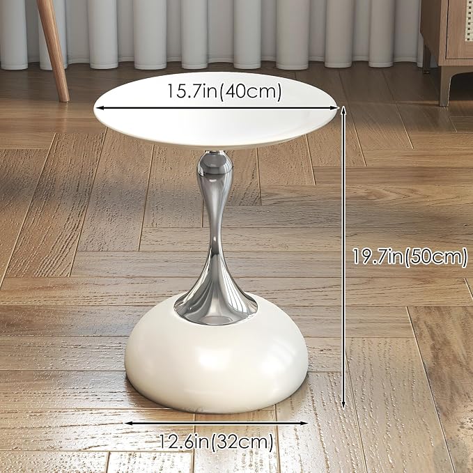 Metal Round End Table,Modern Pedestal Table,Corner Drink Tables,Accent Side Table Nightstand for Living Room,Patio and bar (White-Silver)