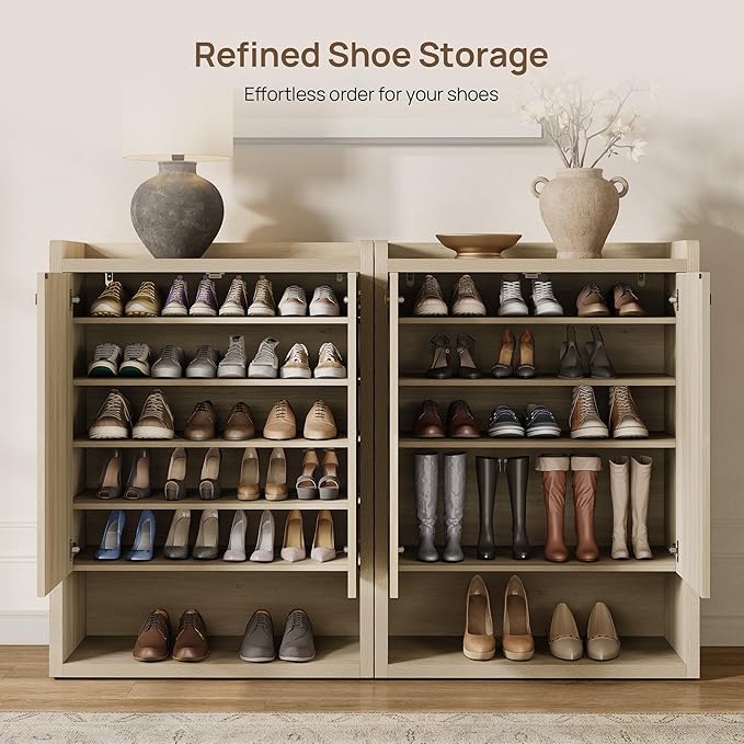 SICOTAS Shoe Cabinet Storage for Entryway - 72-Pair Shoe Cabinets with Doors and Adjustable Shelves, Farmhouse Large 7-Tier Shoes Storage Cabinet for Mudroom Closet Hallway, Grey White Oak, 3PCS