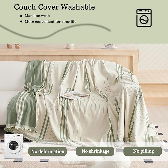 DREAMINGO Couch Cover Reversible Chenille 3 Seat Sofa Covers for Dogs Pets Beige Green Couch Protector for 3 Cushion Couch Sofa Vertical Stripe Jacquard Sofa Slipcover Sectional, 71"x134"
