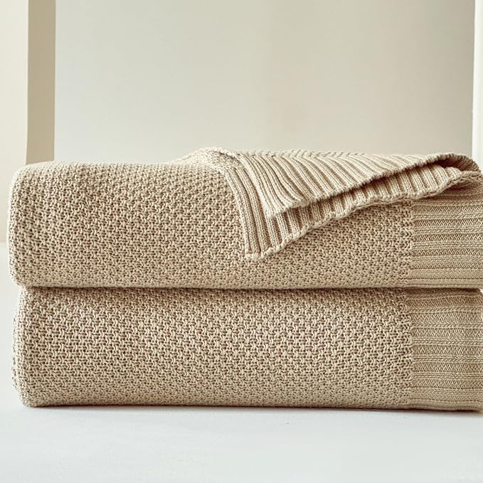 Simple&Opulence 100% Cotton Blanket Queen Size, Solid Color Cable Knitted Blanket Super Soft Comfortable Breathable Decorative Farmhouse for Couch Sofa Bed, All Season Use(Light Khaki,90x90)
