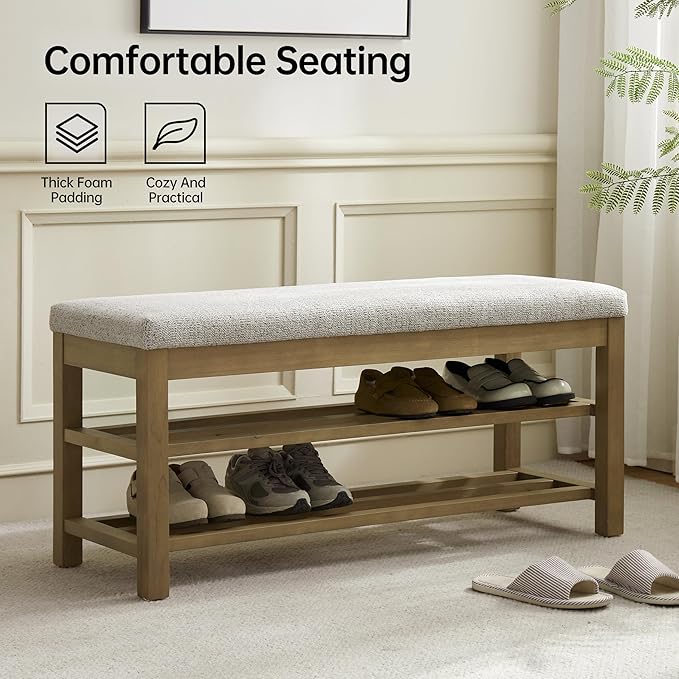 VKNOW Entryway Bench, 44.3” Upholstered Shoe Storage Bench for Bedroom, 2-Tier Storage End of Bed Bench with Rubberwood Legs for Living Room, Hallway, Beige