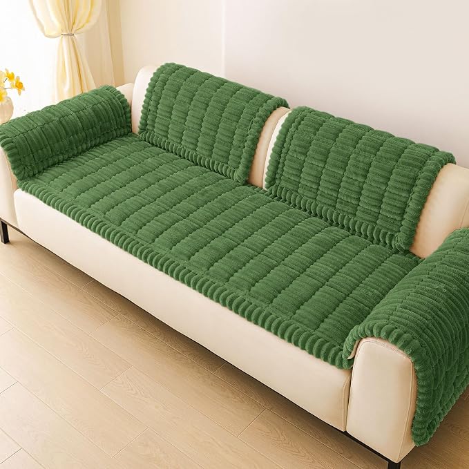 hyha Couch Cover for Dogs Washable, Non Slip Thick Flannel Sofa Protector, Pet Friendly Plush Furniture Cover for Sectional Sofa & Loveseat (Olive Green, 43" x 63")