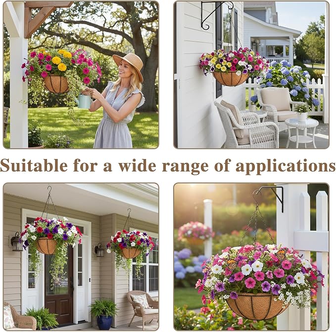 EIMQUVW 4 Pack Black Metal Round Hanging Basket 12 Inch Decorative Outdoor Coconut Fiber Planter with Chain Classic Hanging Flower Pots are Ideal for Gardens Patios Porches and Vertical Planting