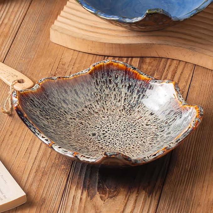 8" Small Ceramic Decorative Bowl 1 Pice – Irregular Rim Reactive Glaze Candy Plate, Berry Bowl, Entryway Catchall, Japanese Style Fruit Dish for Tabletop or Home Decor (Reactive Glaze)