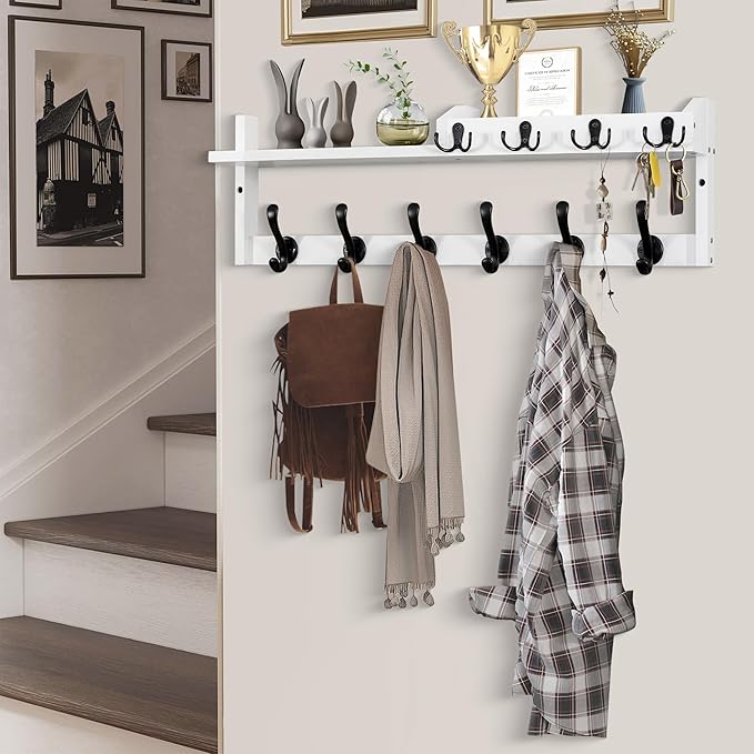 Coat Rack Wall Mount with Shelf, 27.5" Entryway Wall Hanging Shelf, Coat and Key Hanger with 10 Dual Hooks, Mail Organizer and Key Holder Hat Rack for Wall, Wood Coat Hooks with Storage