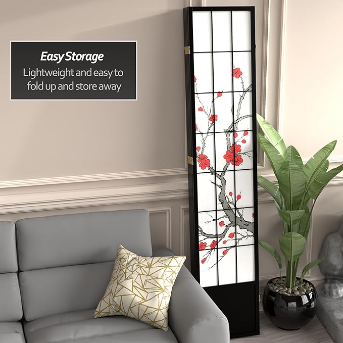 Red Lantern 7 ft. Tall Cherry Blossom Shoji Screen - Black - 5 Panels