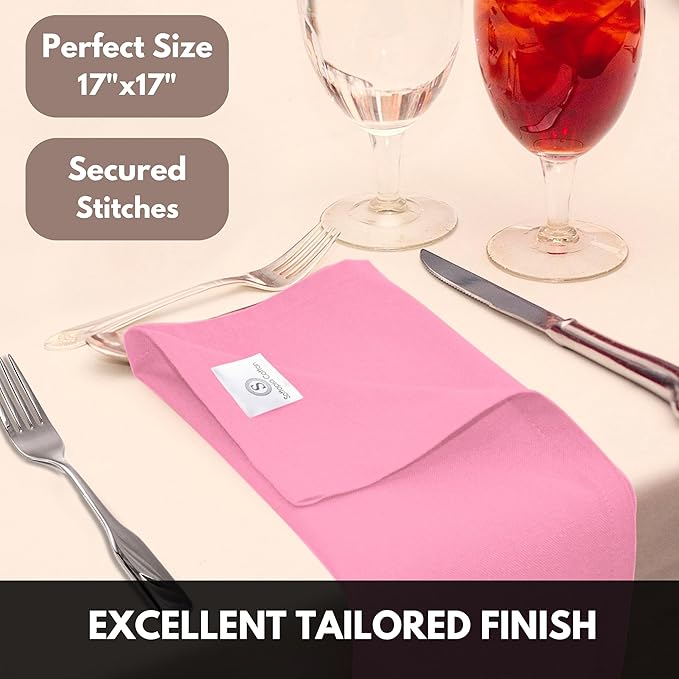 Pink Dinner Napkins 100% Cotton 17 Inch x 17 Inch, Soft, Decorative, Washable Cloth Napkin Set of 12 for Dining, Buffet Parties, Weddings, Spring Holidays, Easter - Pastel Pink