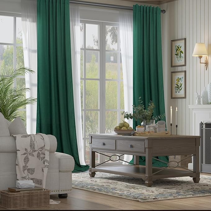 Dark Green Curtains 96 Inches Long for Living Room Dining 2 Panels Set Pocket Back Tab Forest Drape Semi Privacy Emerald Hunter Green Linen Curtains for Bedroom Bay Window Farmhouse Vintage Decor 8 FT