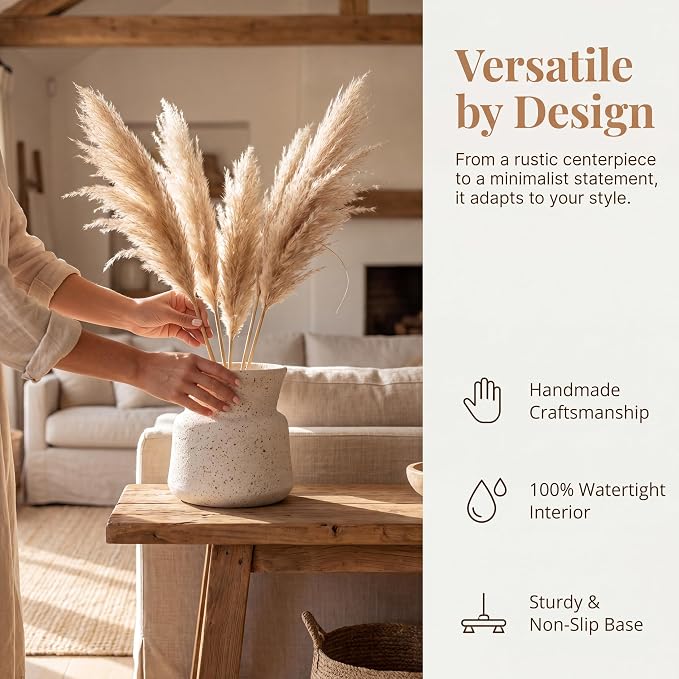 Rustic Farmhouse Ceramic Vase Home Decor, Handmade Vintage Stoneware Clay Pottery Terracotta Textured for Modern Farmhouse, Living Room, Office Desk Table Shelf (White Ore Point)