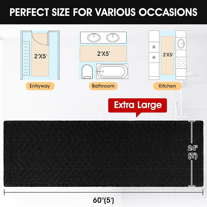 Extra Large Waffle Bath Mat, 5'x2' Black-Herringbone, Super Absorbent Non-Slip Quick Dry Bathroom Rugs with Tassels, Machine Washable Ultra Soft Boho Bath Rugs, Toilet Mats Boho Farmhouse Decor