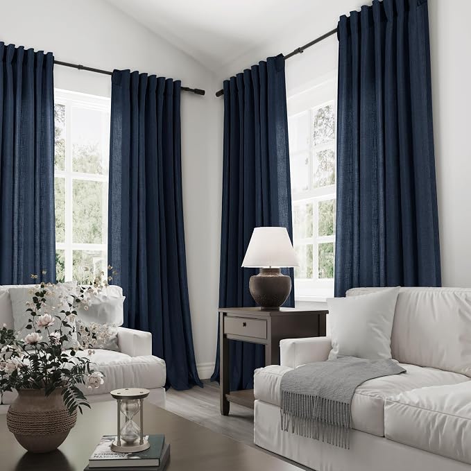 Joywell Linen Curtains 102 Inches Length Long Rod Pocket/Back Tab/Hook Belt/Clip Rings Semi Sheer Window Curtains Boho Farmhouse Drapes for Bedroom Living Room 2 Panels Set,52x102,Navy Blue
