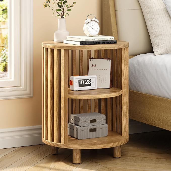 Round End Table, Wood Bedside Table, Mid Century Modern Nightstand with Open Storage Shelf, 3 Tier Small Side Tables for Living Room, Bedroom, Curved Profile Design, Natural Oak(2-Pack)