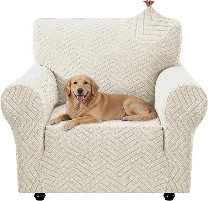 Stretch Sofa Slipcover 1 Piece Couch Sofa Cover,31"-46" Non Slip Soft Couch Sofa Cover Washable Furniture Protector with Non Skid Foam and Elastic Bottom for Kids, Pets,Beige White