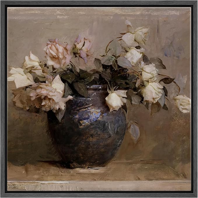 SIGNFORD Framed Canvas Print Wall Art Impressionist Roses in Vase Textured Floral Still Life Nature Wilderness Illustrations Rustic Zen Colorful for Living Room, Bedroom, Office - 16"x16" Black