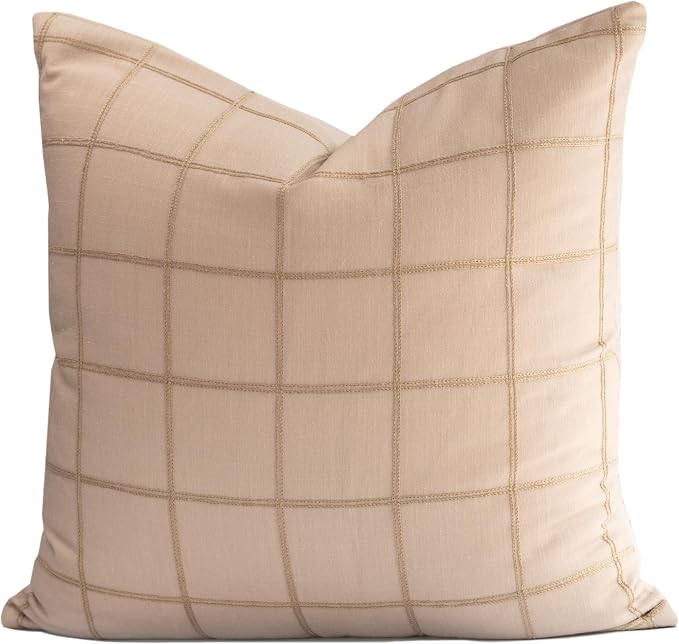 Crumbs Home Modern Farmhouse Fall Linen Indoor Outdoor Throw Pillow Cover Only, 22"x22" Water Repellent for Patio, Backyard, Couch, Ivory Cream Plaid