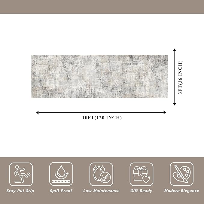 3x10 ft Long Hallway Runner Rug – Non-Slip Washable Kitchen Floor Rug with Rubber Backing, Modern Low Pile Thin Wide Carpet Runners for Bedroom, Entryway Indoor（Gray Beige,3x10）