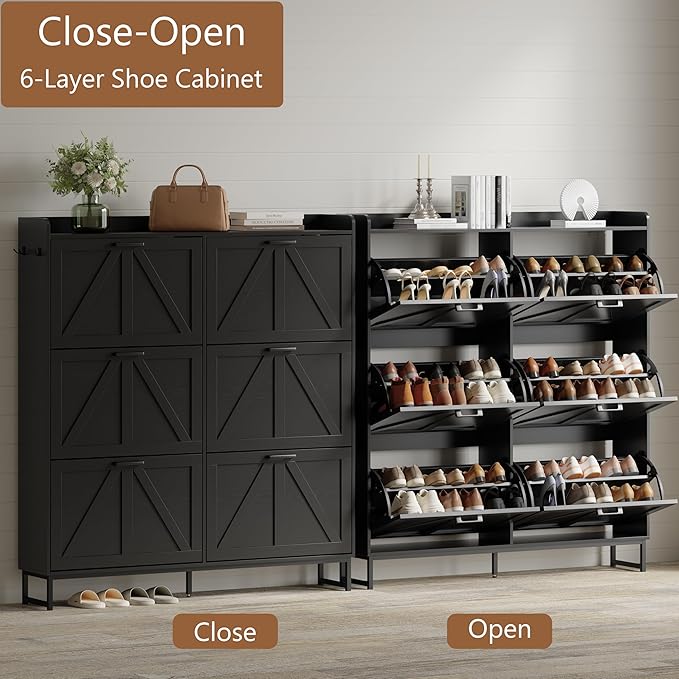 Shoe Cabinet with 6 Flip Drawers, Freestanding Hidden Shoe Storage Organizer for Entryway, Narrow Slim Shoe Rack Cabinet with Open Storage & Hooks for Front Door Entrance, Living Room, Hallway, Black