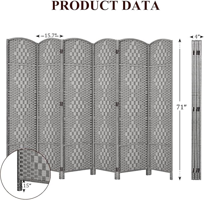 HALLYBEE Room Divider, Room Dividers and Folding Privacy Screens, 16in Privacy Screen, 6 Panel Temporary Wall Partitions, 6ft Space Separation Panel Screen, Grey
