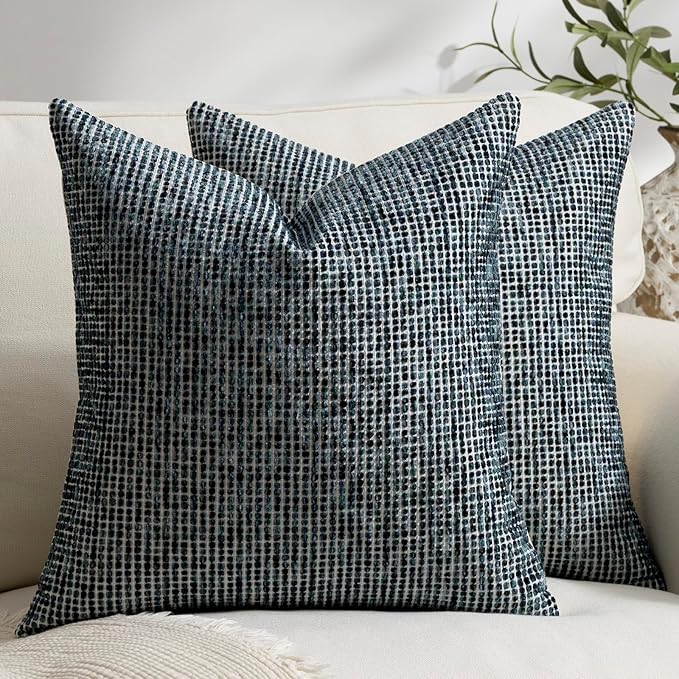Pack of 2 Neutral Throw Pillow Covers 18x18 Boho Textured Dots Stripe Chenille Square Decorative Pillow Cases Accents for Living Room Couch Bed Farmhouse Home Decor, Teal