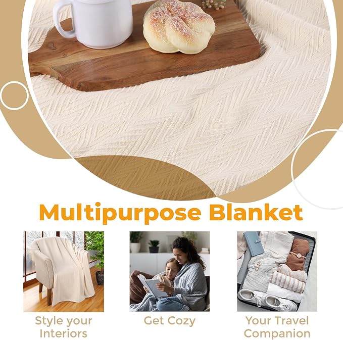 Superior Metro 100% Cotton Blanket, Perfect for Bedroom, Living Room, Couch, Picnics, Travel, Beach, or Camping, Comfy Blanket, Bedroom Decor, Essentials, Zig-Zag Cover for Bed, Full/Queen, Ivory