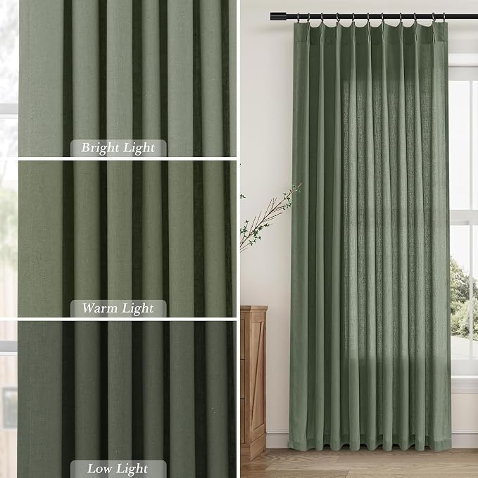 Aersas Olive Green Pinch Pleat Linen Curtains 45 Inch Long for Kitchen Pleated with Hooks Back Tab Light Filtering Boho Farmhouse Short Semi Sheer 45 Inch Cafe Curtain for Dining Room RV Small Window