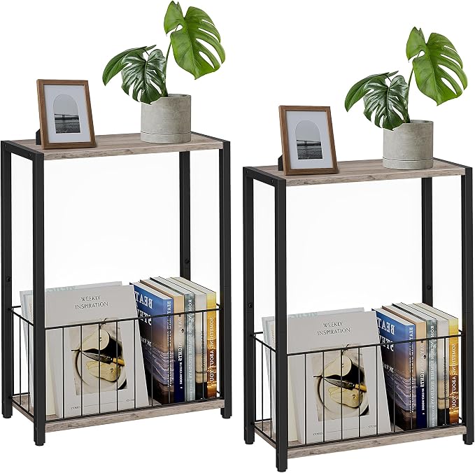 Homleke Narrow Side Tables Set of 2 with Magazine Holder, Skinny End Tables Perfect for Small Spaces, Space-Saving Design for Living Room, Bedroom, or Office, 7.1" D x 16.9" W x 23.6" H, Greige