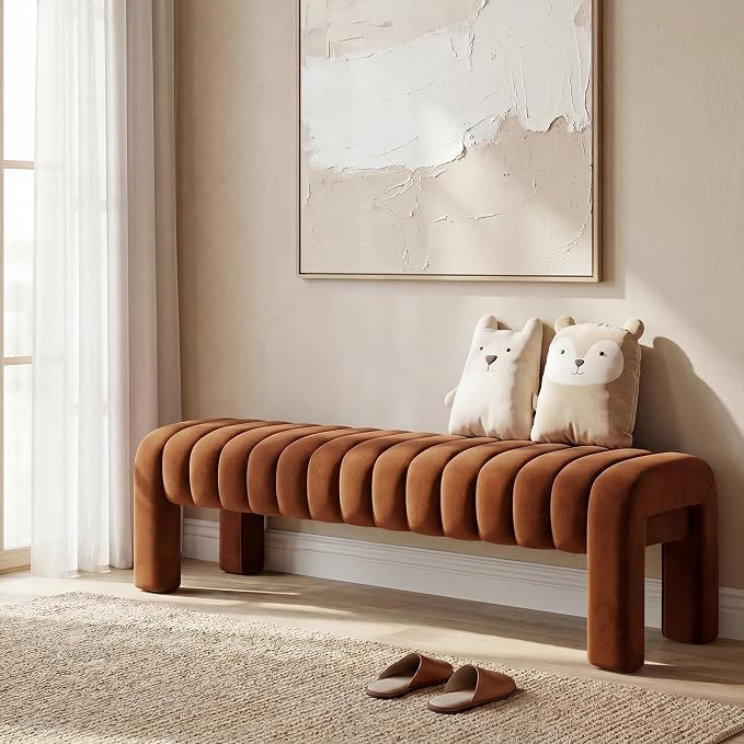 63" Bedroom Bench, Upholstered Entryway Bench, Modern End of Bed Ottoman with Solid Wood Legs and Adjustable Foot Pegs for Entryway, Dining Room and Living Room (Brown Velvet)