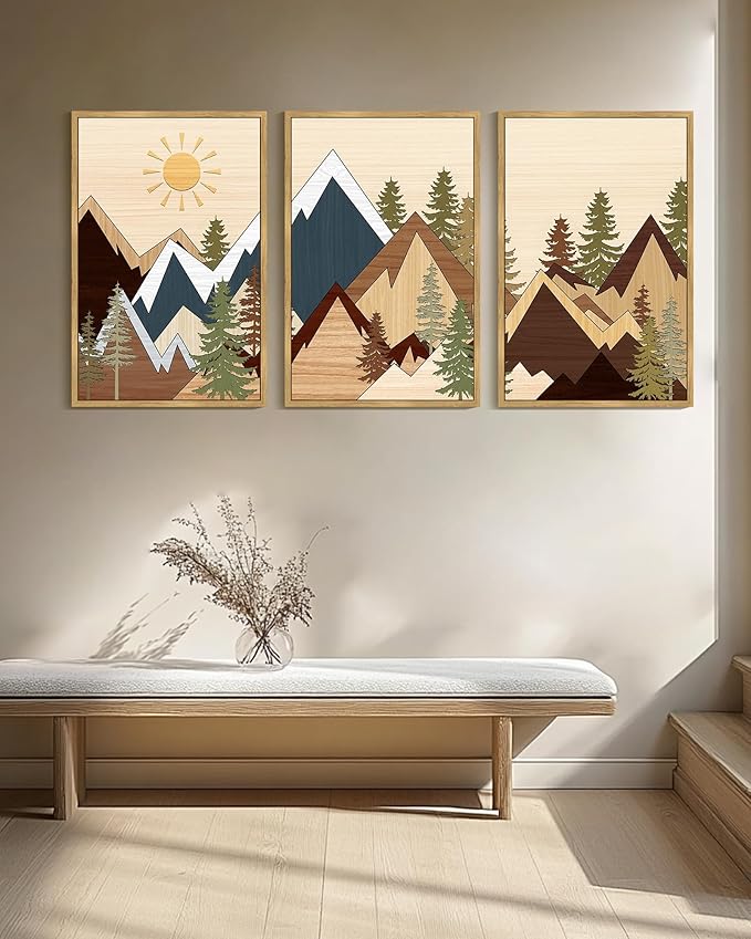 PHOPAGO Mountains Framed Wall Art Large 24x36in Morden Boho Woodcut Pine Tree Forest Nature Landscape Artwork Bohemain Farmhouse Bedroom Rustic Home Decor - Natural Framed