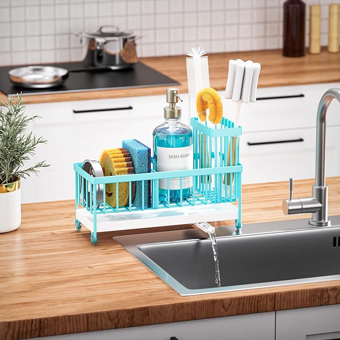 Cisily Sponge Holder for Kitchen Sink, Sink Caddy Organizer with High Brush Holder, Kitchen Countertop Organizers and Storage Essentials, 304 Stainless Steel, Teal Kitchen Decor (Turquoise, 9.25″)