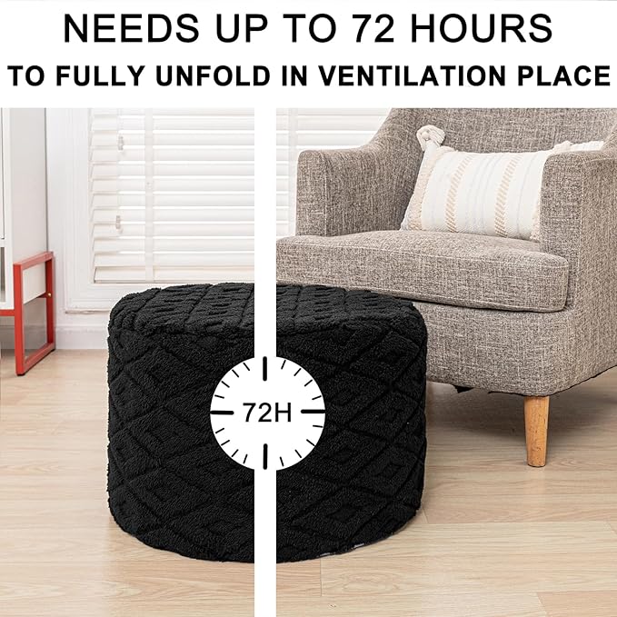 Fluffy Round Ottoman Pouf with All-in-One Foam Filling 20" x 14" Furry Ottoman Foot Rest Foot Stool for Living Room or Bedroom (Black)