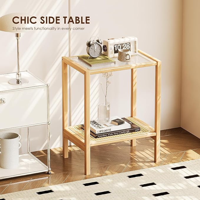 Bamworld Side Table Nature Rattan Night Stand Glass End Table 2-Tier with Storage Boho Bedside Table for Small Spaces Bamboo Coffee Table for Bedroom Living Room