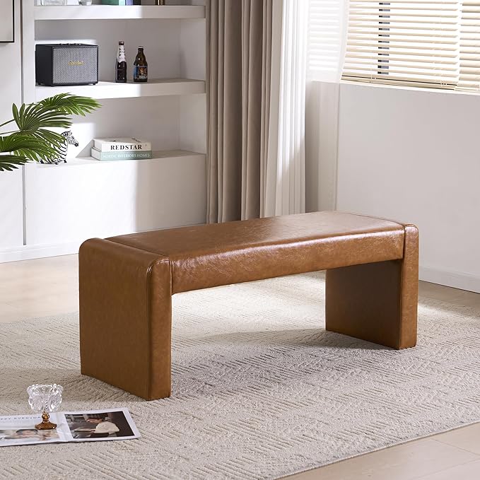 Faux Leather Entryway Bench End of Bed Bench Upholstered Modern Window Bench Comfy Ottoman for Dining Room/Bedroom/Living Room/Hallway/Indoor (Camel Brown)