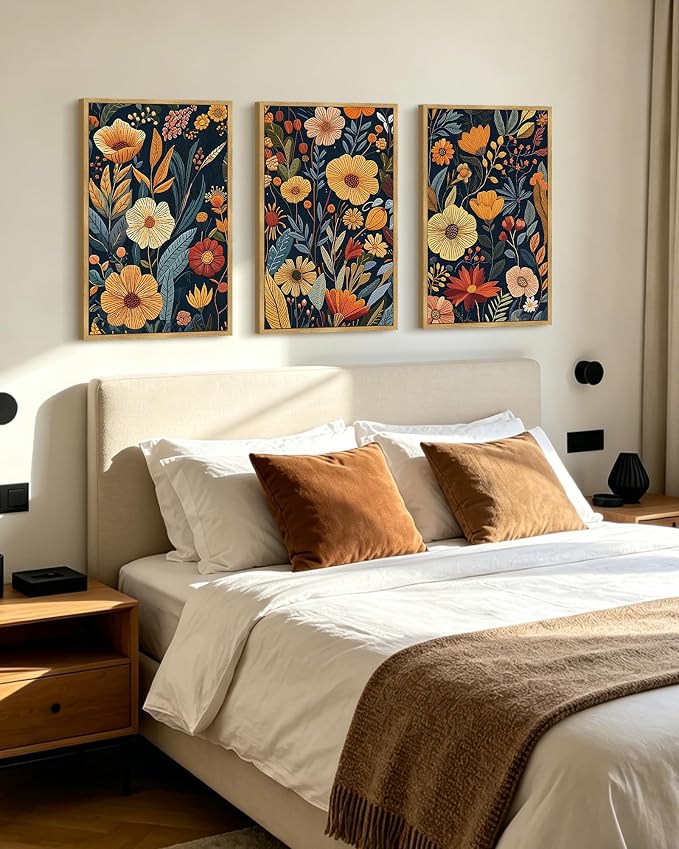 PHOPAGO Vintage Flower Framed Wall Art 16x24in Set Boho Colorful Floral Wall Decor Retro Botanical Wildflower Modern Art Prints Room Decor - Natural Framed
