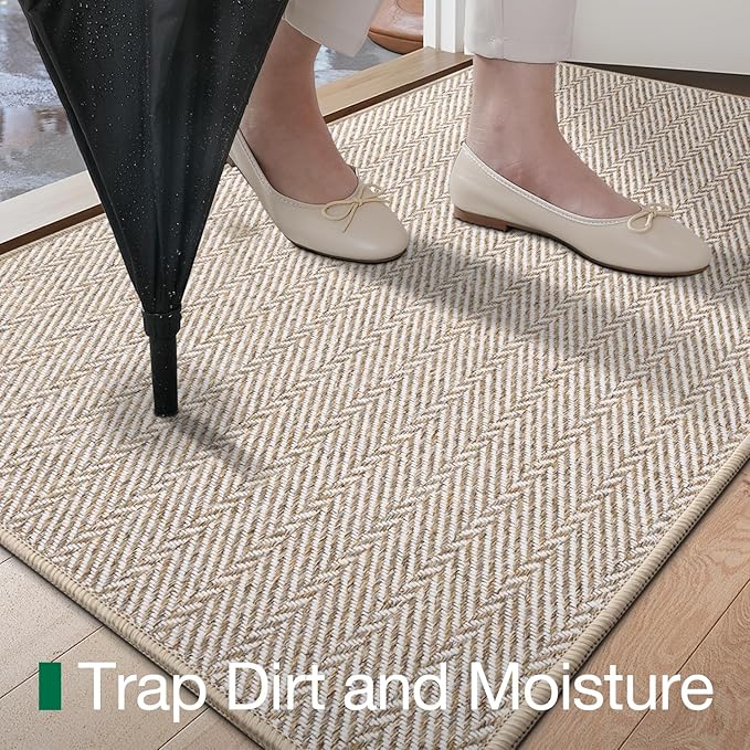 LUMI Ultra Thin Indoor Door Mat for Entrance 32"x48", Non Slip Entryway Mat, Low Profile Doormat, Unique Herringbone Design Carpet for Inside, Patio, Porch, Beige