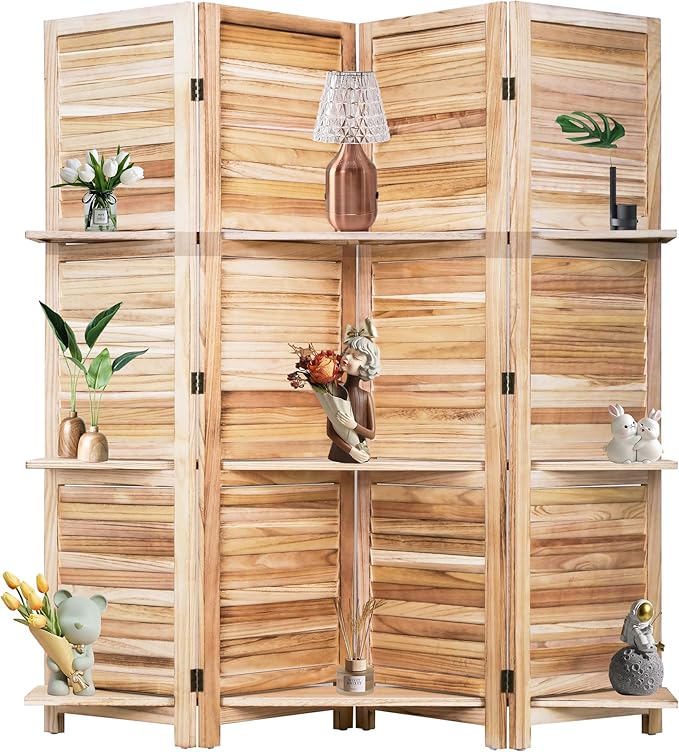 Room Divider 4 Panel Folding Wood 5.6 Ft Tall Privacy Screen Dividers Wall with Three Shelves Portable Partition (Natural)