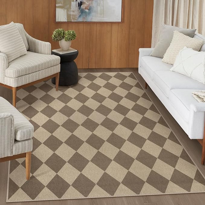 Rugalia Easy Jute 5x7 Outdoor Patio Rug, Washable Brown Checkered Rugs for Living Room, Non-Slip Farmhouse Diamond Outdoor Mat Neutral Abstract Floor Carpet for Patio Dining Room Backyard