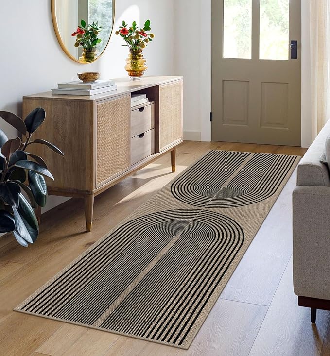 Rugalia Easy Jute Rainbow Runner Rug, 2x6 Washable Rugs Runner for Hallway Non-Slip Boho Farmhouse Kitchen Runner Rug, Black and Nature Abstract Outdoor Carpet for Porch Laundry Entryway