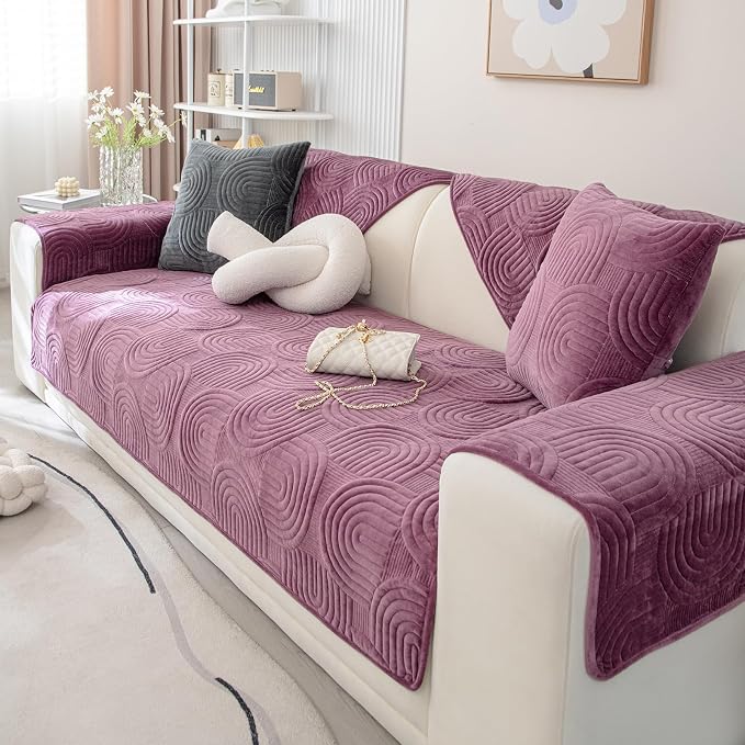 Soft Plush Geometric Quilted Couch Sofa Cover Boho Non Slip Fuzzy Sectional Couch Cover Solid Color Washable Sofa Slipcover Furniture Protector for Kids Dogs Cats (Purple,28"x28")